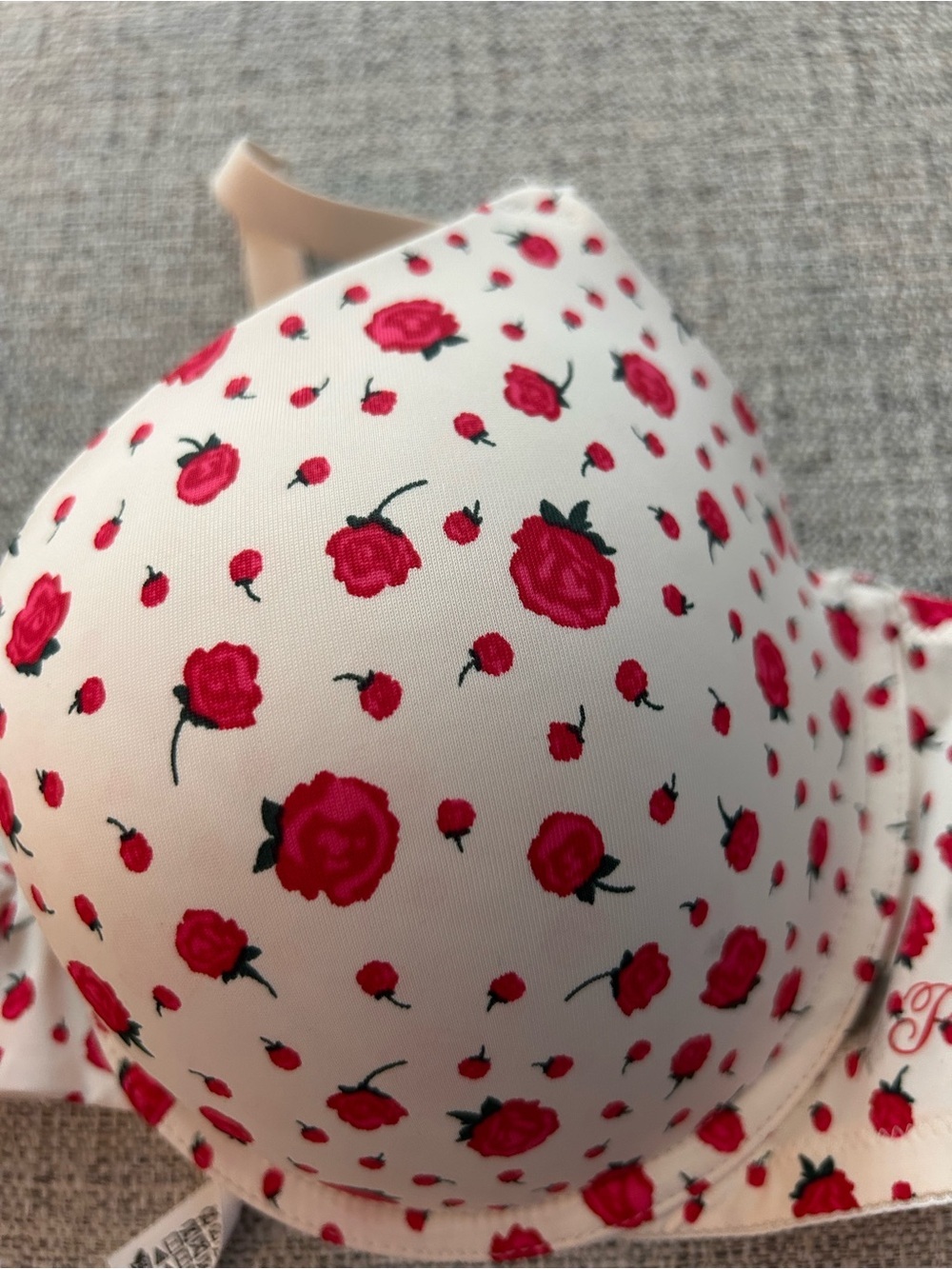 Victoria's Secret Pink White Bra with Red Rose Print Underwire Size 38D - Picture 2 of 5